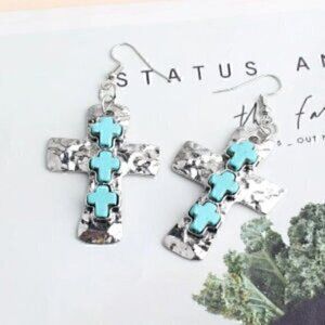 Inlaid Cross Pendant Dangle Stone Drop Earrings Jewelry Womens Party